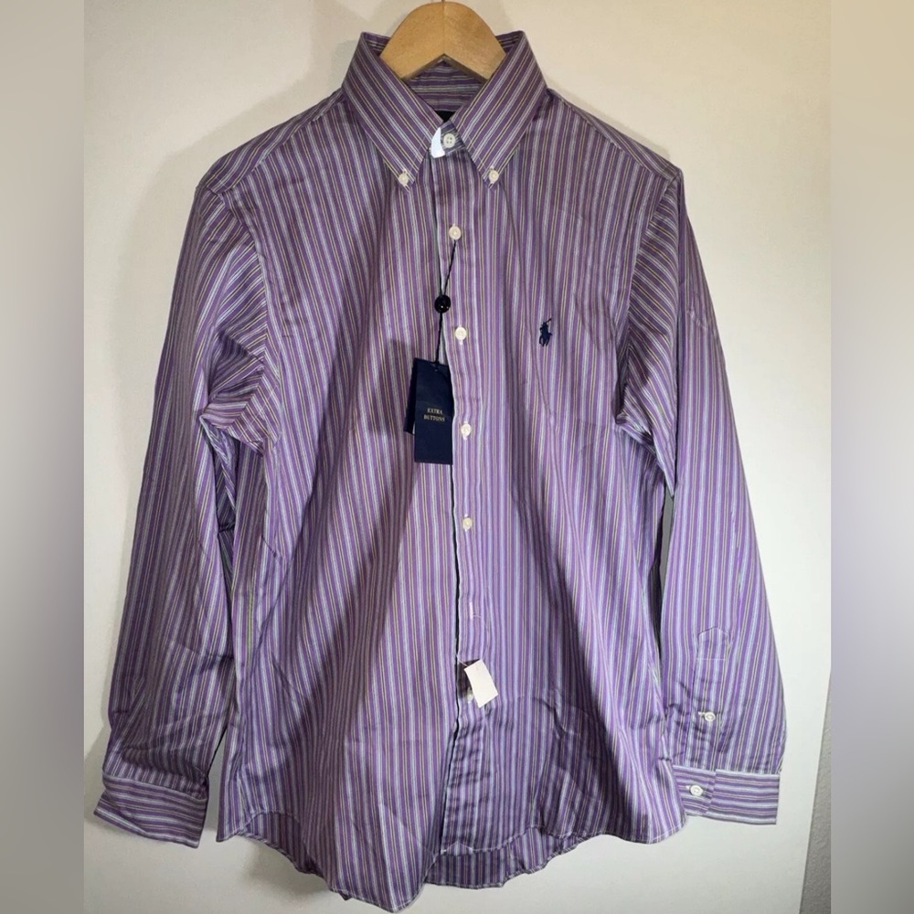 Men’s Ralph Lauren Poplin Purple Cotton Striped Button Down Dress Shirt NWT $138
